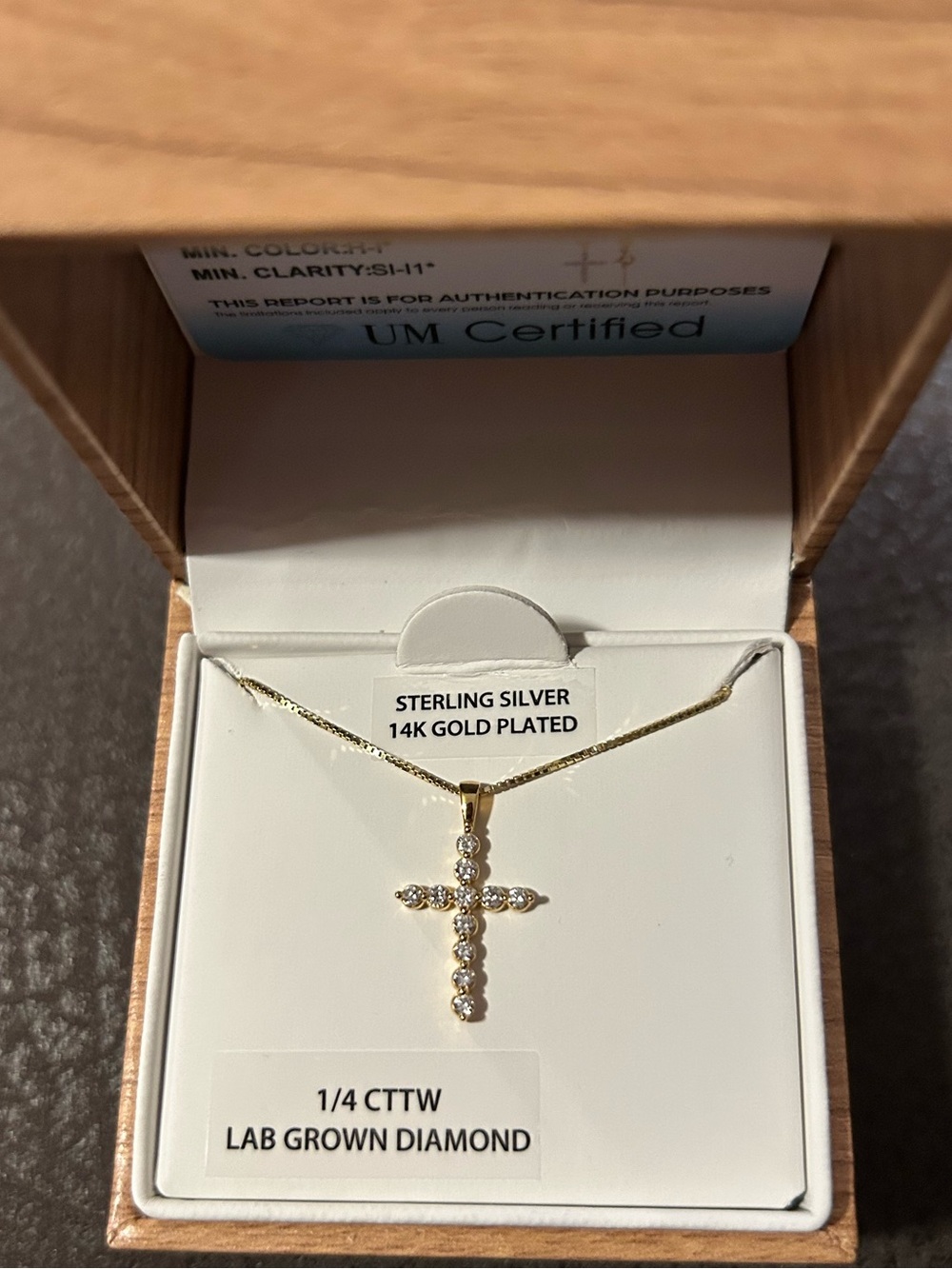 Sterling Silver 14K Gold Plated Cross Necklace with White Diamonds